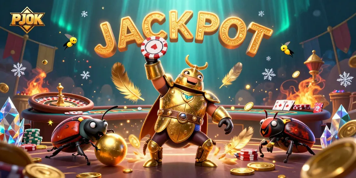 PJOK features a hercules beetle in gladiator armor celebrating a jackpot win in a vibrant online casino setup.