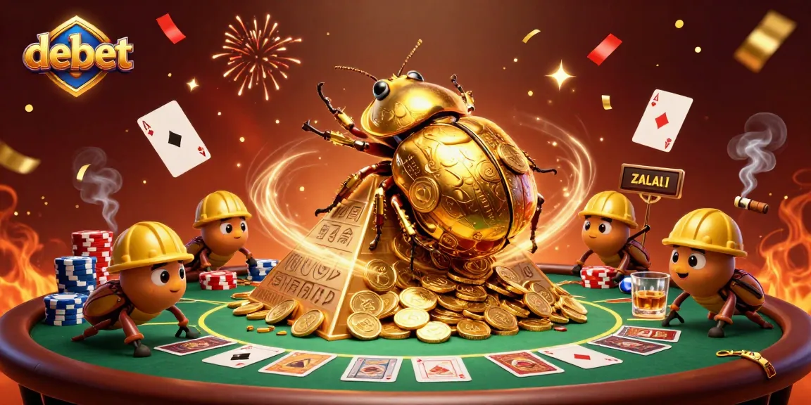Rolling golden coins and beetles in a vibrant debet casino illustration filled with poker elements.