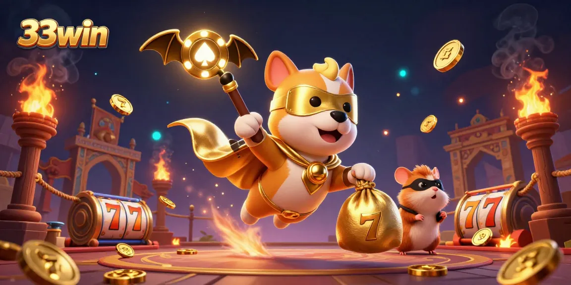 Win big with 33win in a dynamic 3D cartoon casino scene featuring slots and gold coins.