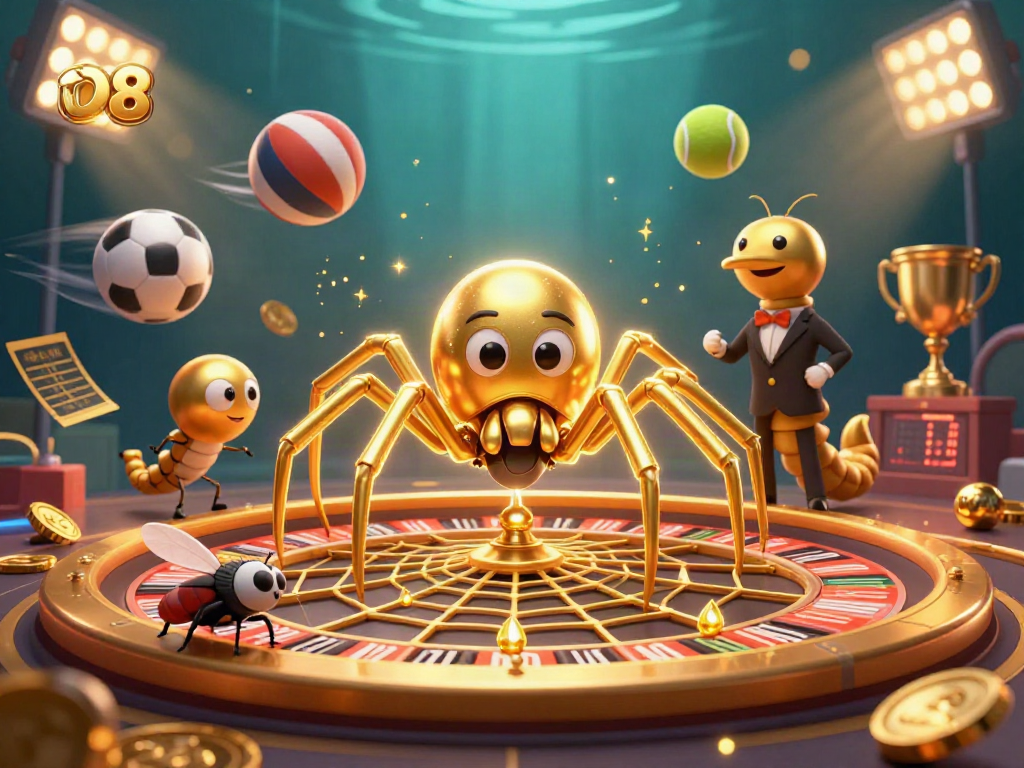 Bets on O8 intensify as a golden spider spins a roulette web, with dynamic sports elements scattered.