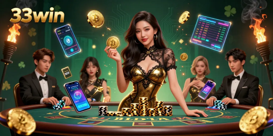 Betting big at 33win: glamorous scene with Asian woman at a high-stakes baccarat table.