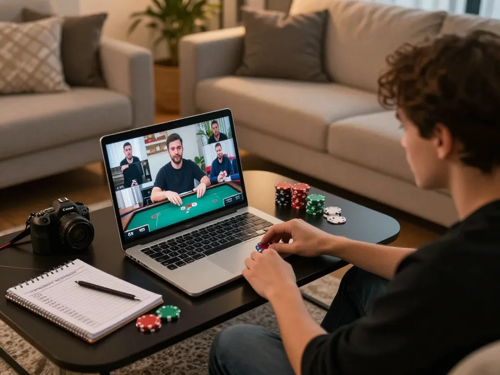 Playing online poker at home, enhancing fun79 gaming experience with strategies in view.