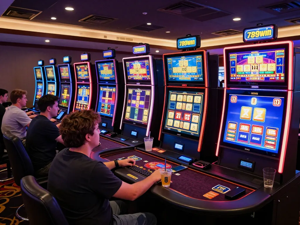 Engaged players strategizing at 789win online casino, vibrant gaming atmosphere.