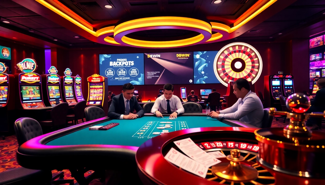 58WIN players enjoy a thrilling game at a professional poker table in a vibrant casino atmosphere.