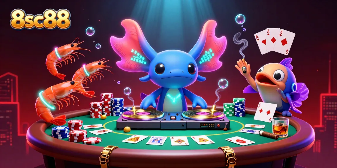 8sc88 showcases a vibrant underwater casino scene featuring an axolotl DJ, poker chips, and glowing shrimp.