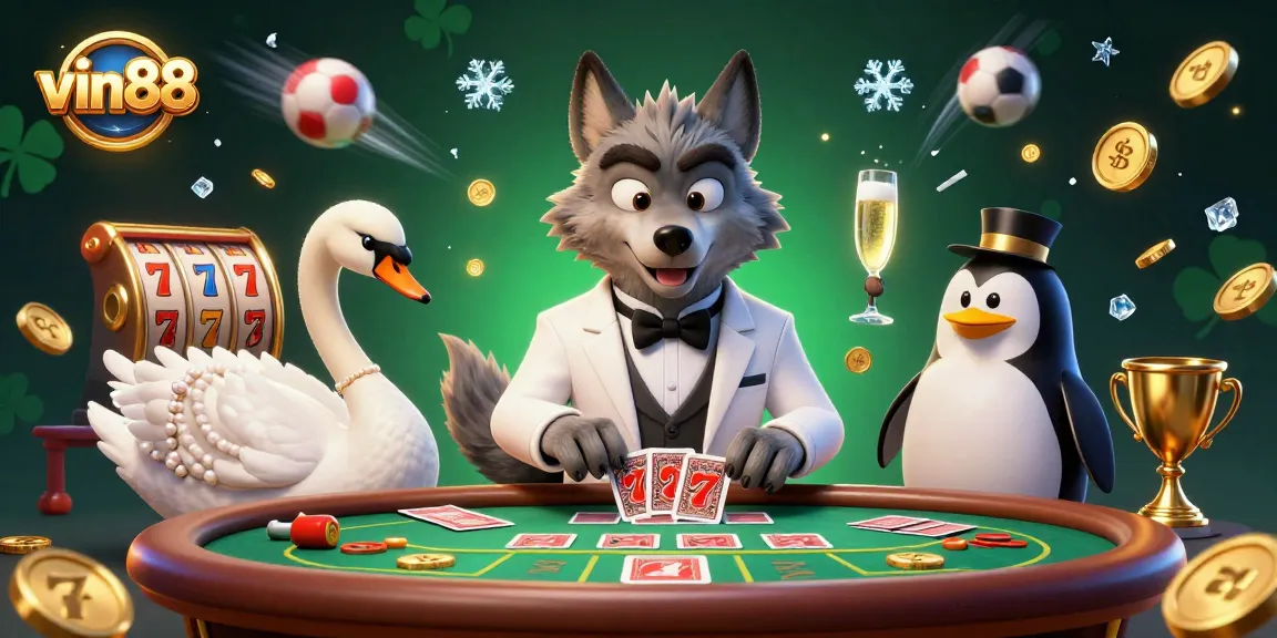 Experience thrilling games at vin88 with an elegant cartoon scene capturing a debonair wolf and friends.