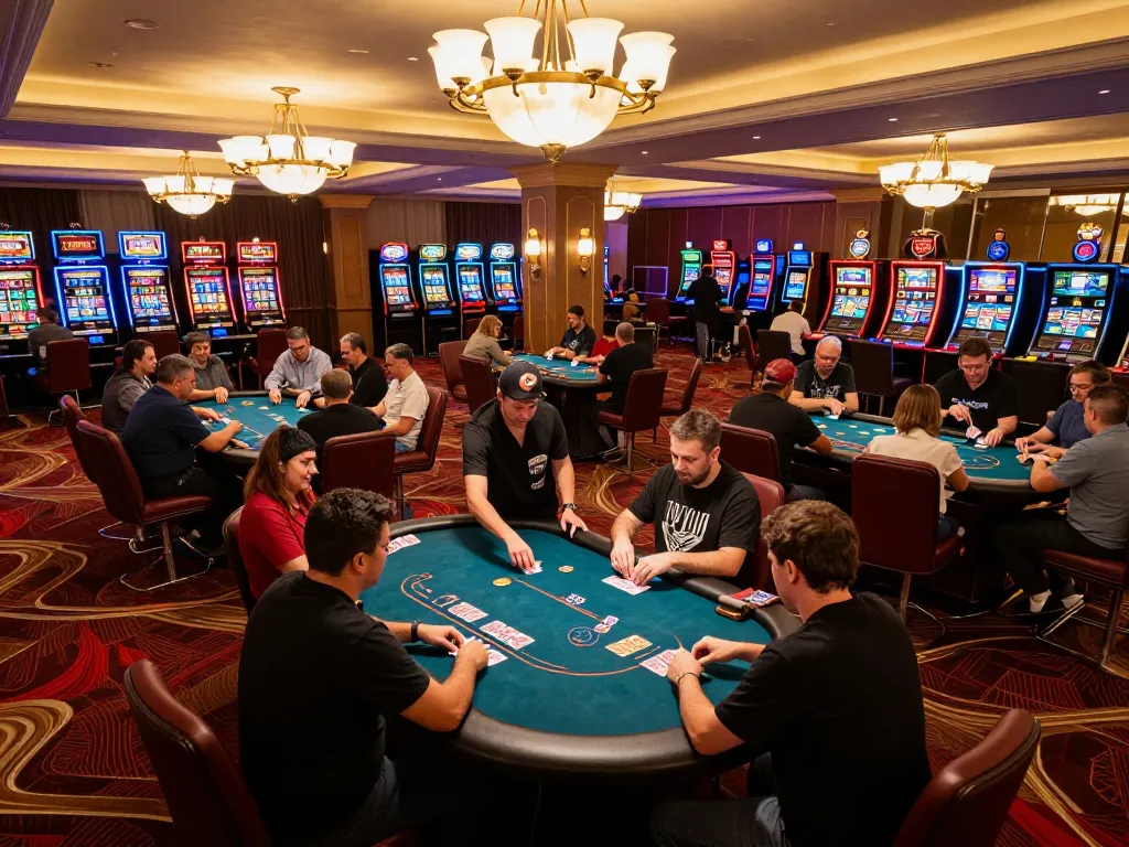 Players enjoying intense poker games at 22ff, with vibrant tables and engaged dealers in an upscale casino