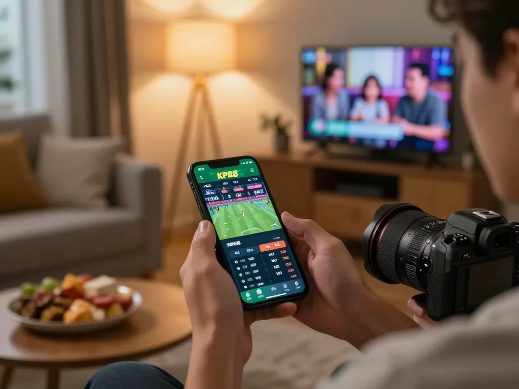 Engaging in sports betting on the KP88 com app from home, showcasing dynamic online gambling experience