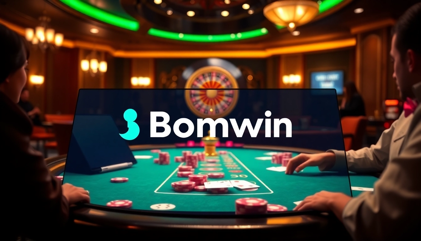 Experience high-stakes action at a Bomwin poker table with vibrant chips and glamorous ambiance.