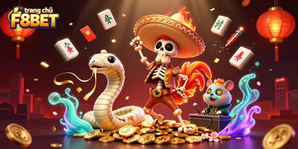 Experience the lively atmosphere of trang chủ F8BET with a celebratory scene featuring a mariachi rooster and a DJ hamster.
