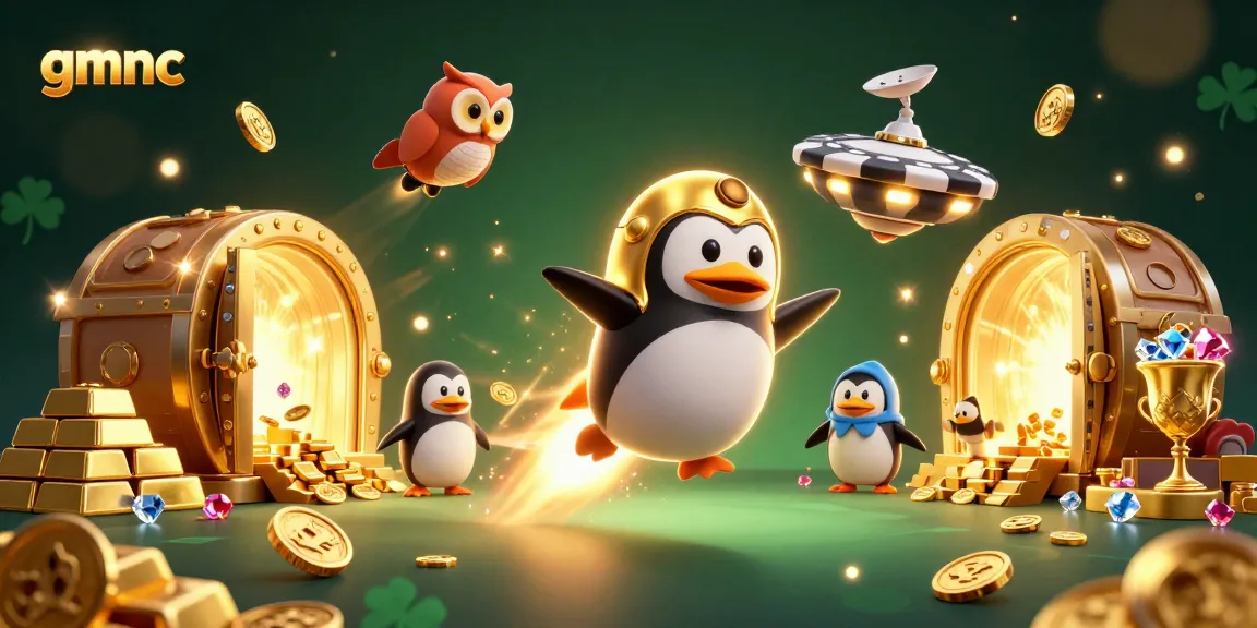 Experience thrilling adventures with gmnc as a golden penguin blasts toward a vibrant casino space.