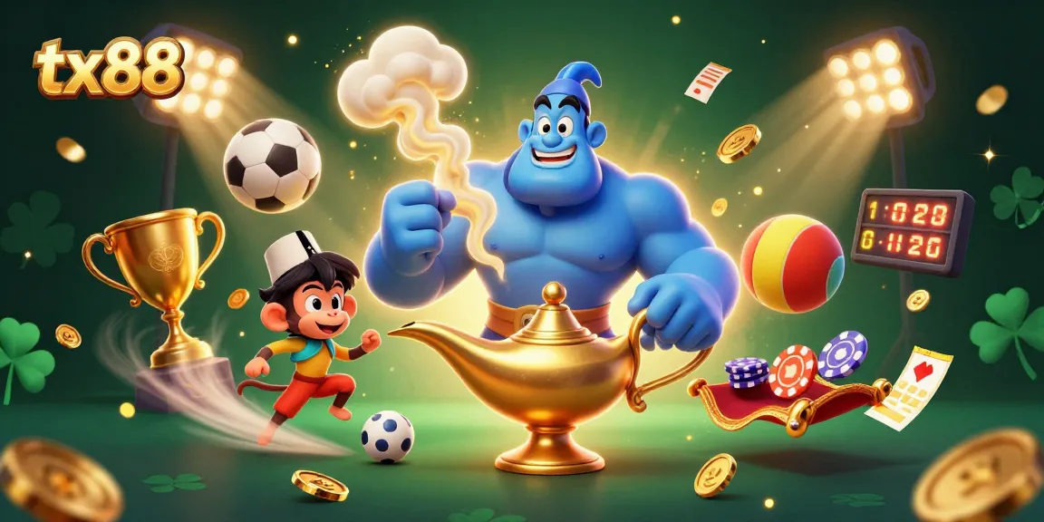 Experience thrilling gameplay with tx88, featuring a dynamic scene of a genie, monkey, and magic carpet.