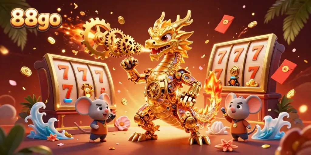 Engage with 88go's exciting gaming experience featuring a golden dragon with slot game elements.