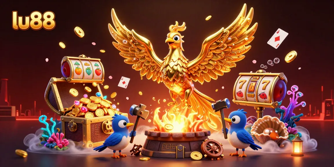 lu88 immerses players in vibrant casino action with a golden phoenix and treasure elements.