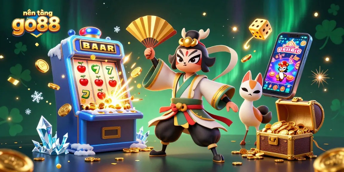 Nền tảng go88 features a colorful 3D casino scene with kabuki warriors and vibrant slot machine elements.