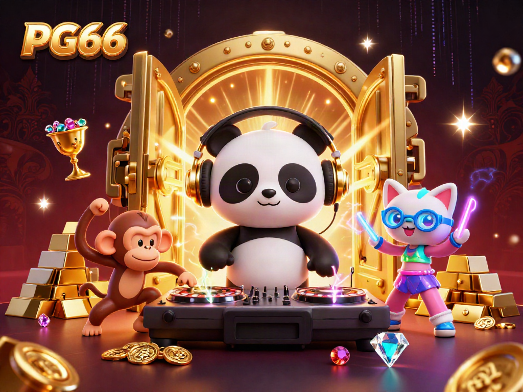 Engage in gaming excitement with PG66 as a panda DJ spins, surrounded by vibrant casino treasures.