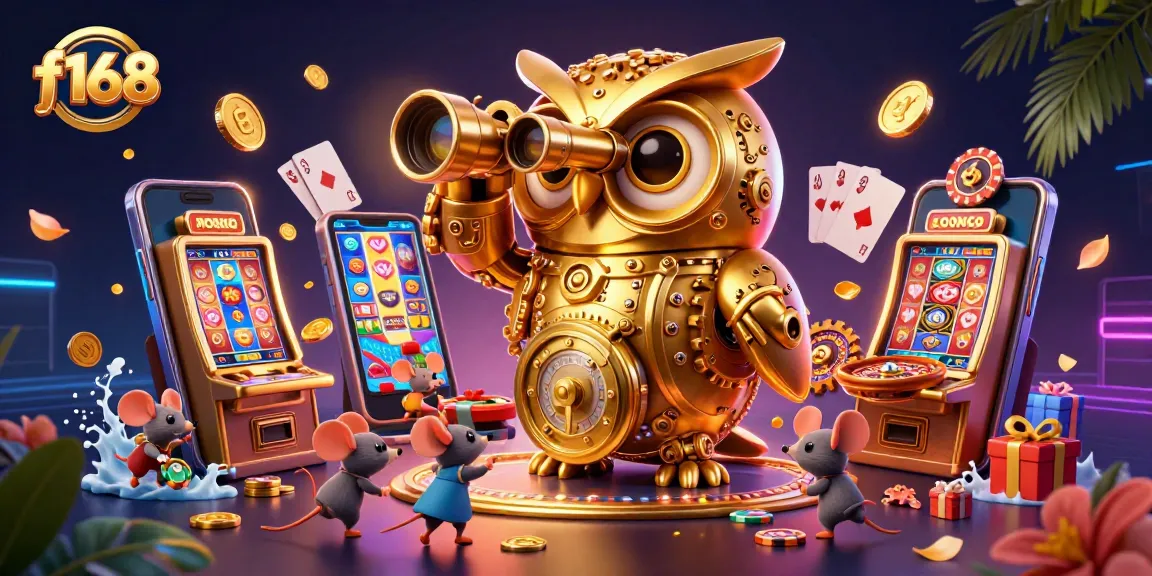 Experience f168's vibrant casino atmosphere with a golden owl watching over thrilling games.