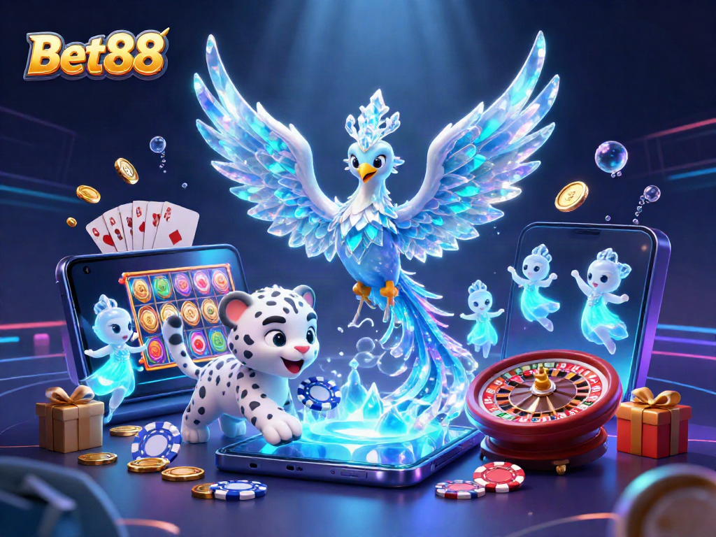 Experience the vibrant world of Bet88 with a dazzling scene featuring an ice phoenix, glowing sprites, and gaming elements.