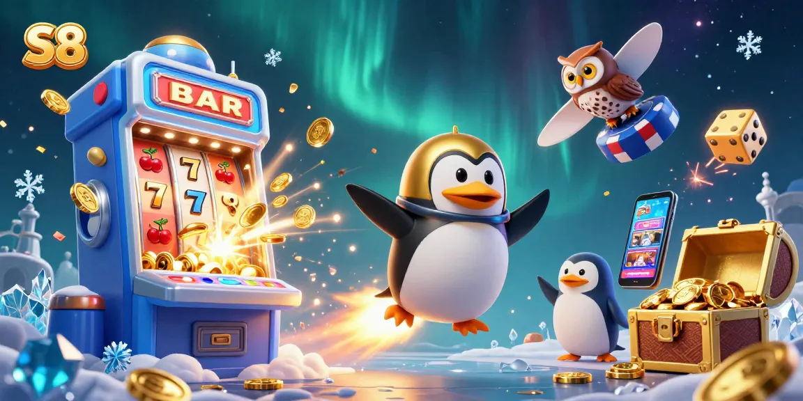 S8 penguin encounters a jackpot explosion and casino elements in dynamic 3D space.