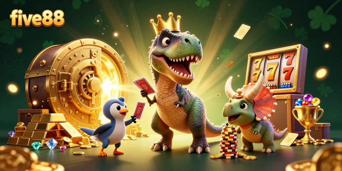 Engage in thrilling slots action with five88's vibrant 3D casino scene featuring a unique dino dealer.