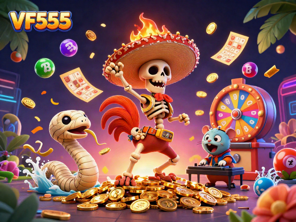 Join the celebrations at VF555 with a lively scene of a dancing mariachi rooster amidst golden rewards.
