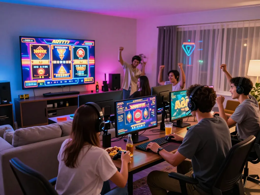 A Q777 online gaming experience with players celebrating a win in a modern living room.