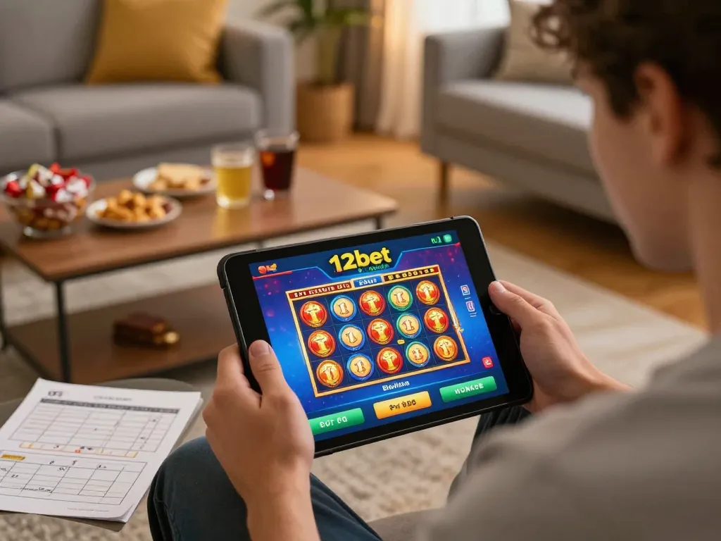 Configuração de jogo em casa envolvente com o cassino online 12bet brasil exibido em um tablet.