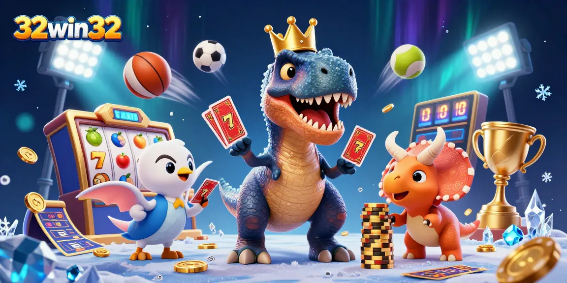 Engage with 32win32 in an ultra-detailed 3D illustration featuring a friendly T-Rex shuffling cards.