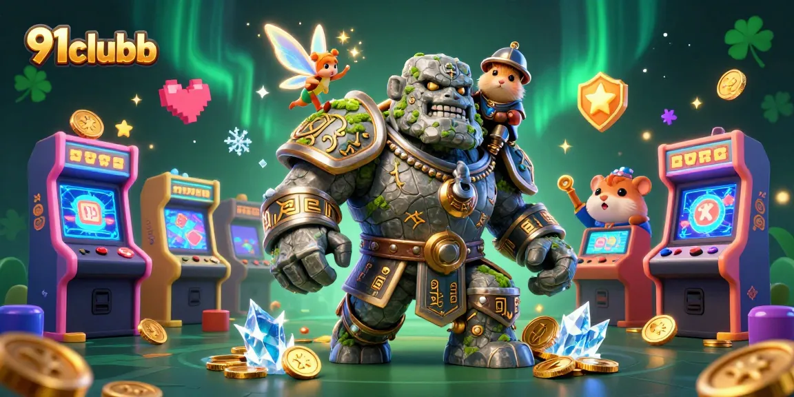 Engage with 91clubb's enchanting 3D gaming illustration showcasing a golem guardian, a fairy, and a hamster knight.