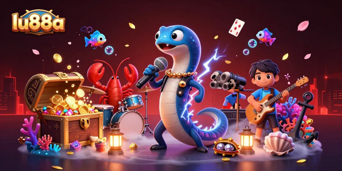lu88a showcases an underwater casino party with an electric eel DJ, vibrant sea creatures, and treasure elements.