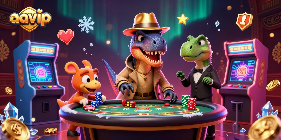 AAVIP's vibrant casino scene brings to life a clever velociraptor card counter at blackjack with colorful gaming icons.