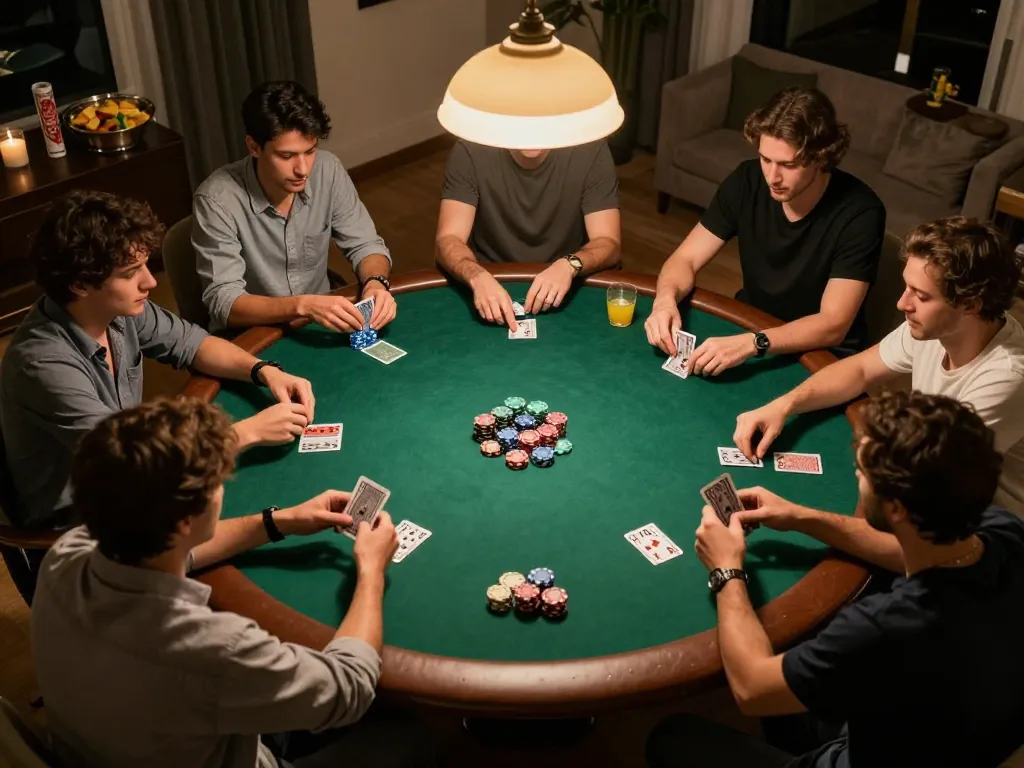 Players engaging in a lively home poker game showcasing nhà cái XIBET strategies in action.