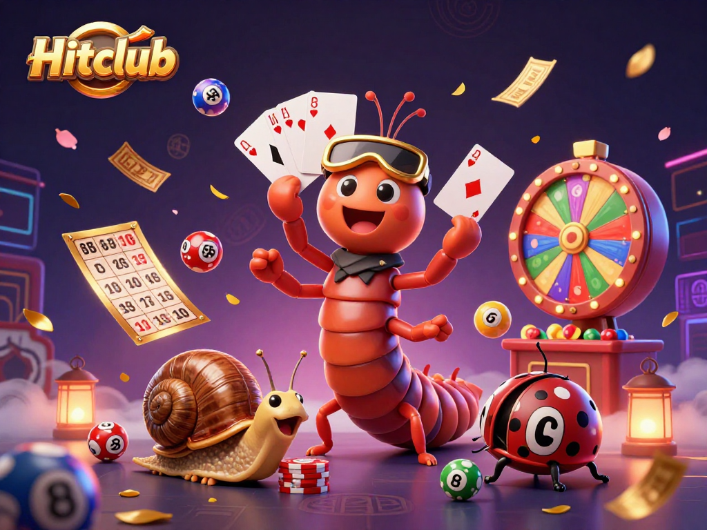 Hitclub's vibrant 3D casino scene with a millipede dealer and lively game elements.