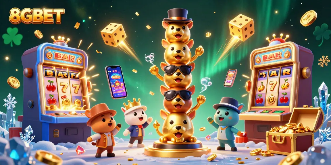 Play thrilling slots at 8GBET's vibrant casino with golden coins, colorful symbols, and dynamic excitement.