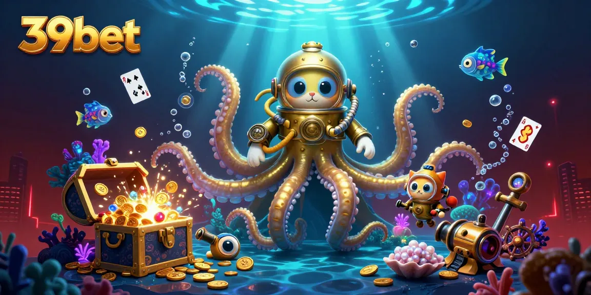 39bet players engage in thrilling underwater adventures with the kraken and diving cat, showcasing vibrant casino elements.