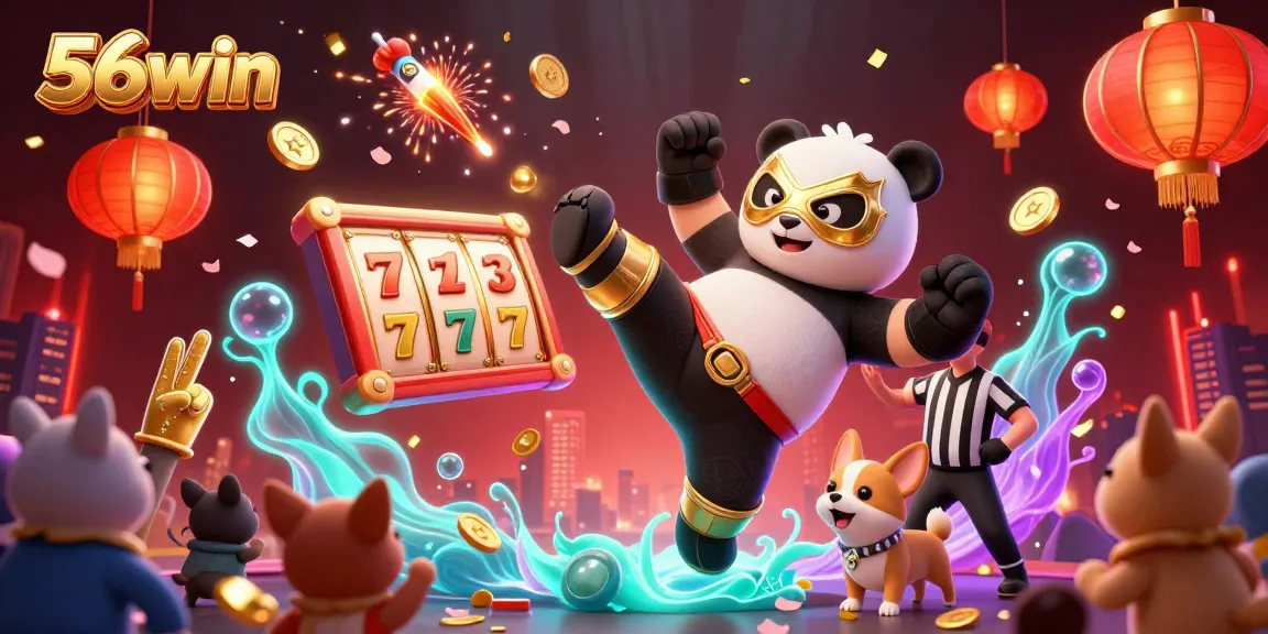 Win big with 56win's exciting slots featuring a panda wrestler in action and vibrant casino elements.