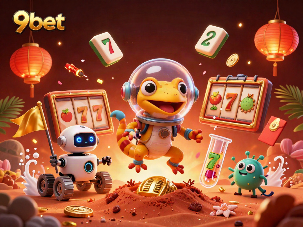 Experience the thrill of 9bet as a Martian gecko discovers a golden casino with vibrant gambling symbols.