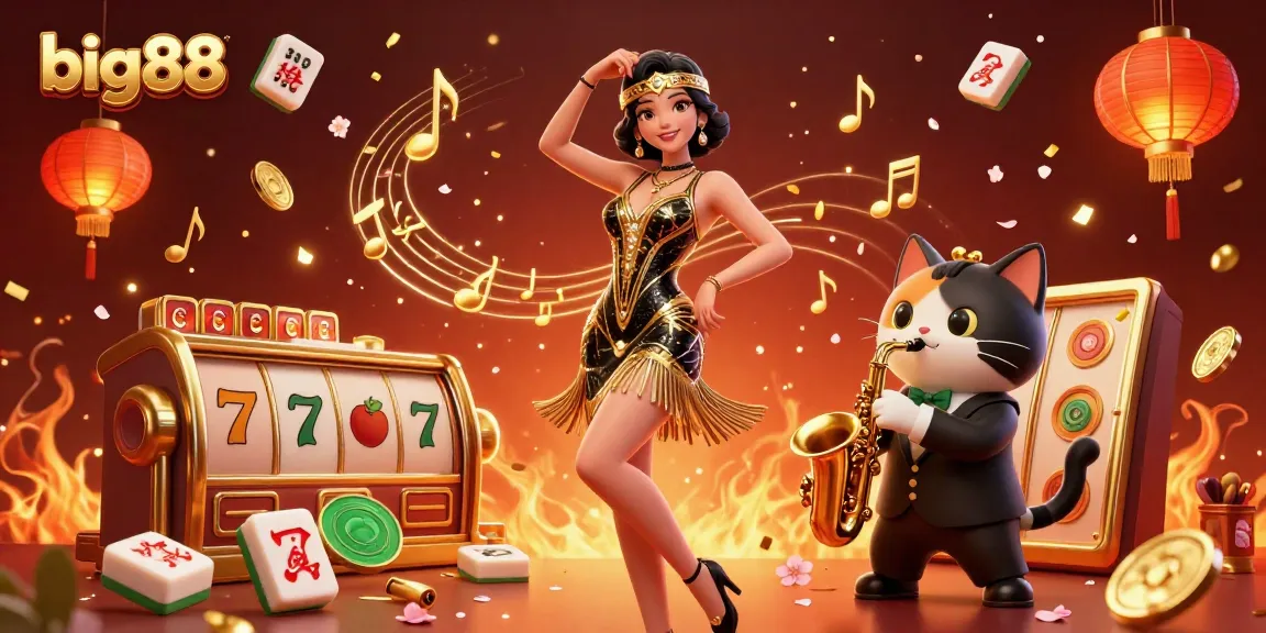 big88 features a lively 3D scene of a dancing woman and a saxophone-playing cat, surrounded by casino elements.