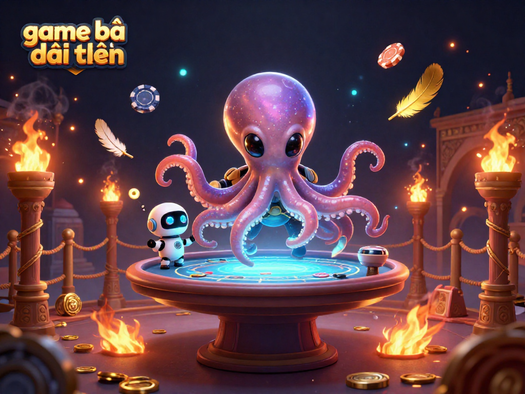 Engage with game bài đổi thưởng using an alien octopus at a holographic poker table with vibrant casino themes.
