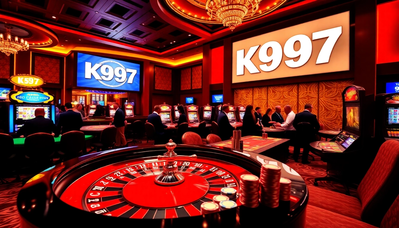 Logo do K997 exibido de forma proeminente em uma cena vibrante de cassino, com fichas de poker e uma mesa de roleta.