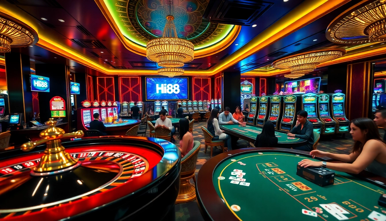 Exciting gaming action at Hi88 Casino with players at the roulette table and vibrant slot machines.