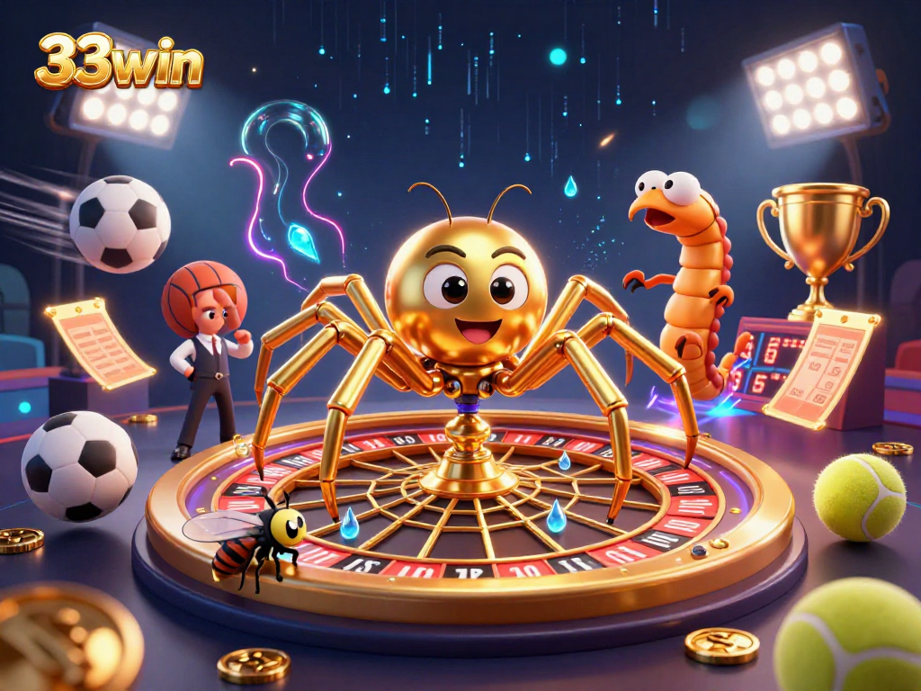 33win engages gamblers with a vibrant 3D scene of thrilling bets and casino energy.