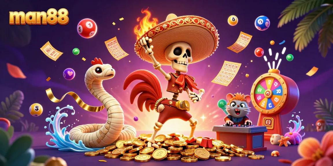 Experience man88's vibrant gameplay with a skeleton mariachi rooster and a DJ hamster amidst lottery excitement.
