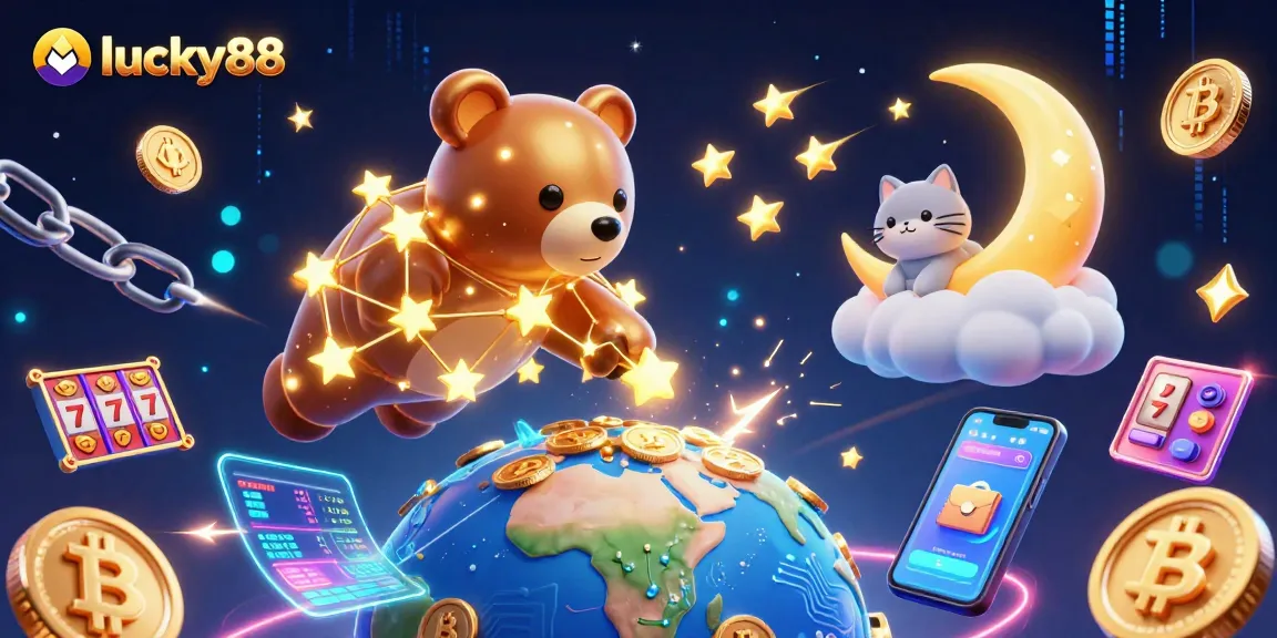 Win big with lucky88 in this vibrant cosmic casino scene featuring golden stars and neon coins.