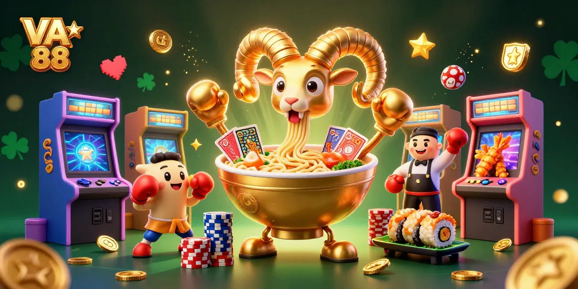 Engage with VA 88 as a giant ramen bowl deals cards in a vibrant casino scene.