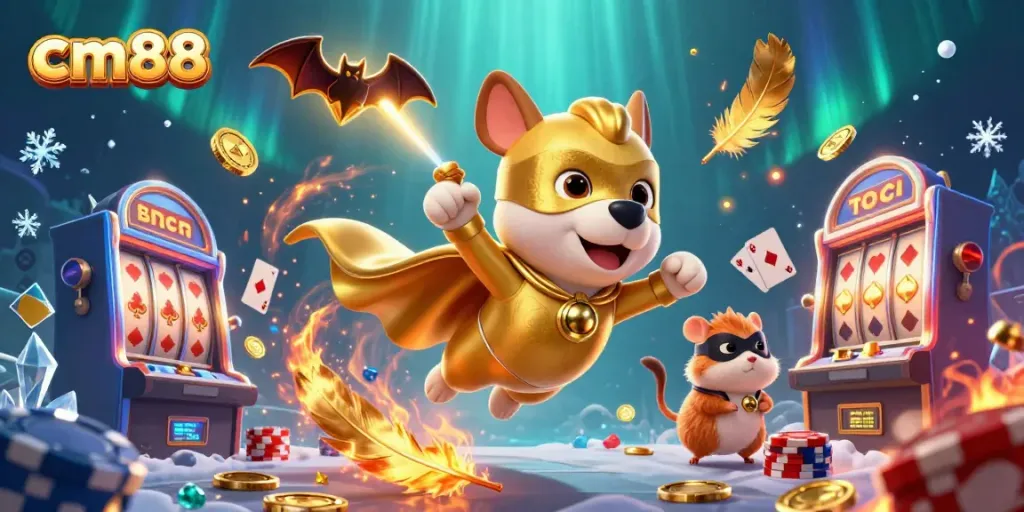 Experience cm88’s excitement with a cartoon superhero dog flying through a vibrant casino scene.