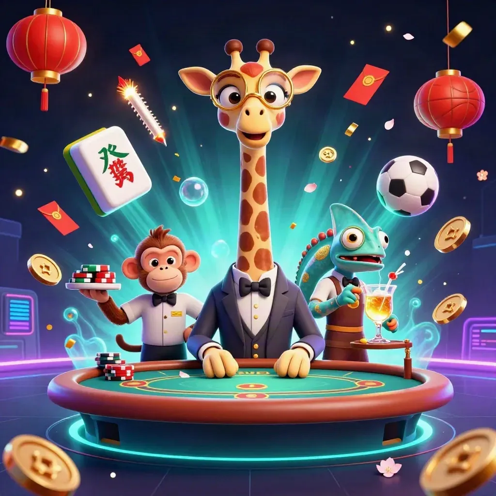 Girafa high-roller, macaco valet e camaleão bartender entre fichas, lanternas e brilho neon.
