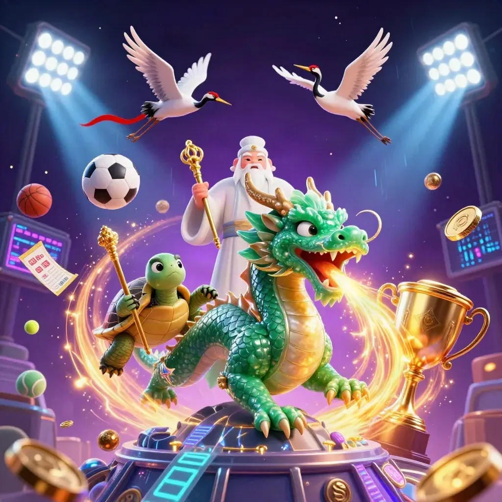 Dragão de jade, tartaruga sábia e grous com bolas, troféu e luzes neon em cena épica.