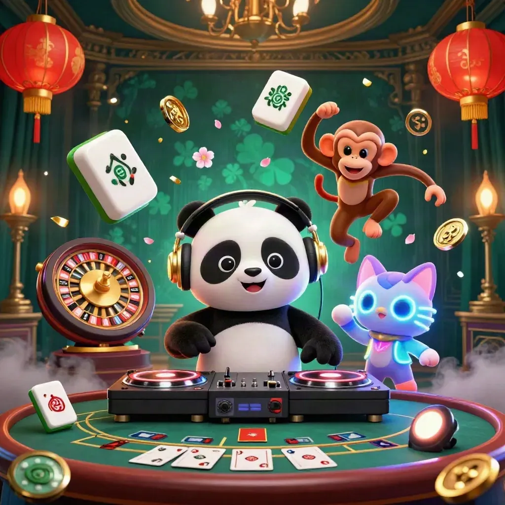 Panda DJ, macaco e gatinho neon em cassino luxuoso com lanternas, moedas e brilho dourado.