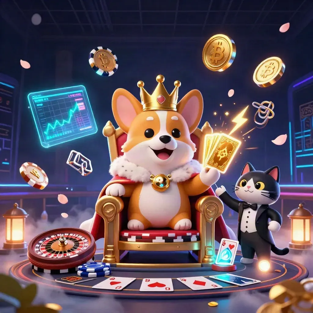 Corgi coroado e gato mordomo em casino futurista, moedas cripto e luzes neon